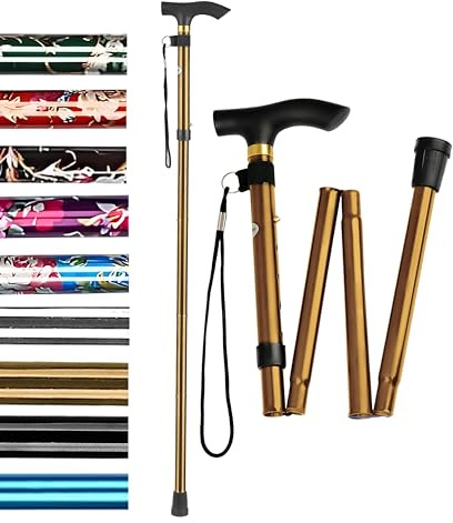 HATAF® Promenadstav, vikbara promenadkäppar för kvinnor, justerbara vikbara promenadkäppar för män, handikappshjälpmedel vikbara promenadkäppar för damer (gyllene)