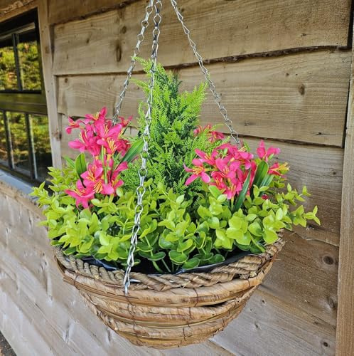 Best Artificial Mini Daffodil Display in 10 inch Woven Decorative Hanging Basket - Suitable for Outdoor use (Pink)