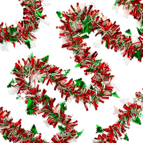 65 Feet Christmas Tinsel Garland, Red Green Metallic Twist Tinsel with Xmas Tree Snowflake Ornament Hanging Christmas Tree Tinsel Shiny Ornament Garland for Home Xmas Tree Party Indoor Outdoor Decor