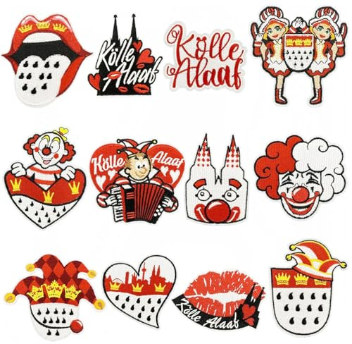 12 Stück Bestickte Kölner Karneval Bügelflicken in Rot Weiß - Vielseitige DIY Aufnäher & Applikationen mit Köln Motiven zum Basteln für Kleidung, Jeans & Karnevalskostüme (12er-Packung)