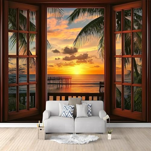Fotomurales 400 x 280 cm Vista Mar Papel Pintado Tejido No Tejido Vista DesEl Balcón Atardecer Fotomural Efecto 3D Papel Tapiz Decorativos pared Murales Póster para Dormitorio Salón TV Pared E407