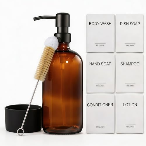 MIUSITE Soap Dispenser Bathroom, Amber Glass Soap Dispenser Kitchen 500ml Washing Up Liquid Dispenser with Silicone Base, Brush, Pump, Shampoo and Conditioner Bottles for Hotel, Laundry Room (Amber)