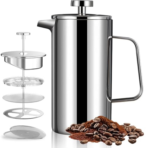 MEETOZ Cafetière à piston isotherme à double paroi en acier inoxydable pour café moulu à la maison, voyage, coffret cadeau argenté 350 ml