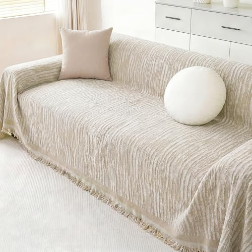 Edlbaegy Chenille Sofa Überzug 2 3 Sitzer Modern Sofabezug Ecksofa L Form Waschbar Couch Überzug U Form AB Seiten Sofa Überwurf mit Quaste Sofaschoner Sofaschutz für Wohnzimmer Khaki 180x260cm