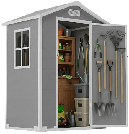 Larbanke Geräteschuppen Kunststoff 2,32m³ – Wetterfestes Gartenhaus 128x94x196cm mit Boden, Fenster & Belüftung – Abschließbarer Gartenschrank für Werkzeug & Zubehör – Grau