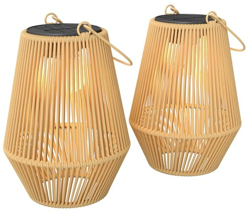 Outsunny Set di 2 Lampade Solari in Rattan, Lanterne da Giardino con Accensione/Spegnimento Automatico, IP44, Impermeabile e Decorativa, per Veranda, Terrazza, Patio, 16x16x21 cm, Marrone