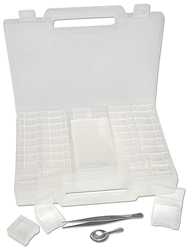 The Beadsmith Bead Organizer Carrying Case, 55 piece set, with removable compartments in assorted sizes, a carrying case, plus a bead scoop and tweezer.