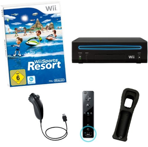 NINTENDO Wii Konsole schwarz + Wii Sports Resort (12 Sport Spiele) Nintendo Remote Plus und Nunchuk Controller