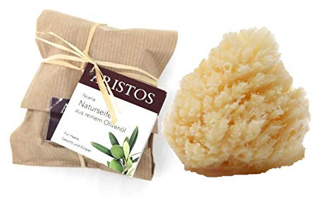 ARISTOS Olivenölseife + Naturschwamm Ø 6cm im Set Gesichtspflege -plastikfrei verpackte Duschseife & Duschschwamm- aus Griechenland