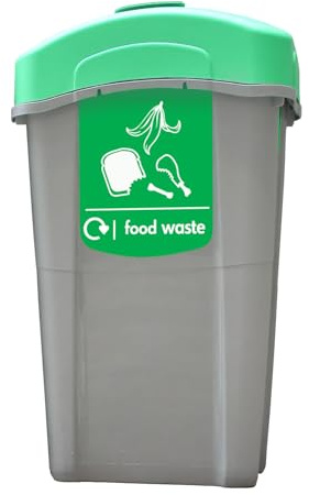 Glasdon Eco Nexus 85 Food Waste Collection Bin (Grey, Green Sticker) – 85-Litre Food Waste Bin with Choice of Lid Options – Slim Plastic Food Recycling Bin (Flip Lid)