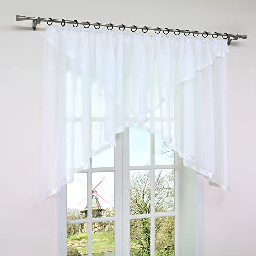 HongYa Voile Gardine als Kuvertstore mit Kräuselband und Satinbändern | Weiß, H/B 100/400 cm, transparent, einteilig, lichtdurchlässig, pflegeleicht, mittig gebunden für Wohnzimmer und Schlafzimmer