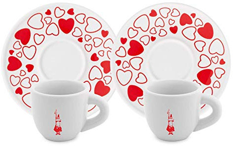 Bialetti Y0TZ021 Juego de 2 tazas Moka Corazón (con platos), Porcelana, Rojo/Blanco