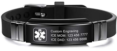 MOWOM Medical Braccialetto Personalizzato con Incisione in Silicone identificativo Regolabile per Uomo Donna Bambini in Acciaio Inossidabile Gomma- (Pacchetto con Carta di Emergenza, Supporto)