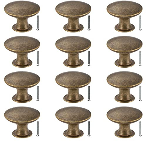 HonGien Round Cabinet Knobs, 12 Vintage Antique Bronze Furniture Knobs, Diameter 30mm for Door, Cupboard, Drawer, Dresser (Brass)