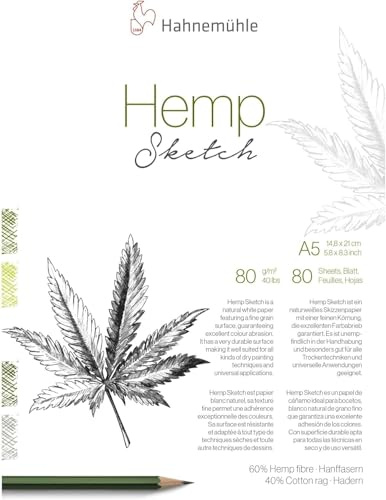Hahnemühle Hemp Sketch, nachhaltiges Zeichenpapier, 80 g/m² schweres Hanfpapier, 80 Blätter, naturweiß, DIN A5