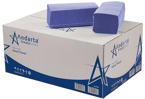Andarta 1-lagiges blaues V-Falz-Handtuch, 5000 Stück, stark, weich und saugfähig, 100 % recycelte Materialien, sehr saugfähig und langlebig, daher ideal für WC, Küche, Bad und Spender.