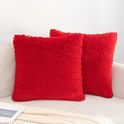 EMEMA Lot de 2 Housse de Coussin Carré Fausse Fourrure Duvet Poils Luxe Super Doux Décoration de Canapé Confortable Moelleux Taie d'oreiller pour Lit Sofa Salon Chambre 40x40cm Vin Rouge