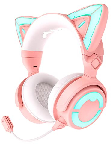 YOWU RGB-Katzenohr-Kopfhörer 4GS, verbessertes kabelloses und kabelgebundenes Gaming-Headset mit aufsteckbarem HD-Mikrofon, aktive Geräuschreduzierung, anpassbare Beleuchtung und Effekt über App, rosa