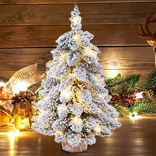 Fofetbfo 45 cm künstlicher Mini-Weihnachtsbaum Schnee beflockt künstlicher Kiefer Weihnachtsbaum mit Lichtern und Holzsockel Tischplatte Weihnachtsbaum für Xmas Urlaub Party Home Decor, Weiß