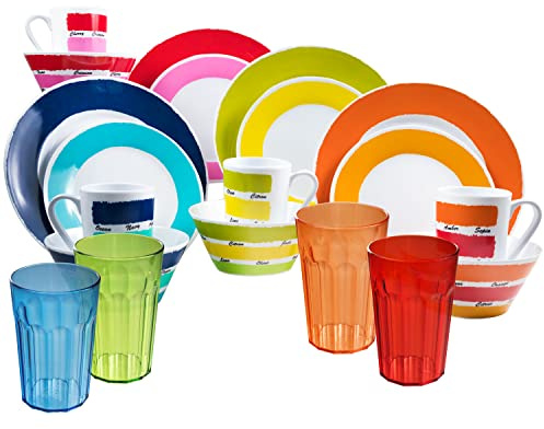 Melamin Camping Geschirrset für 4 Personen - 20 Teile - mit Trinkgläsern Bunt 630 ml - Campinggeschirr Essgeschirr modernes Campinggeschirr