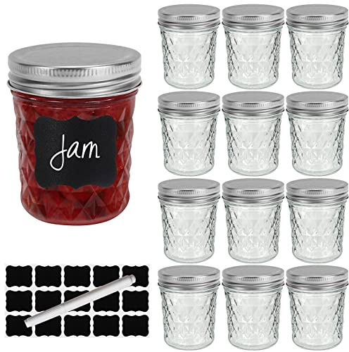 Small Mason Jars 6 oz with Airtight Silver Lids,12 Pack 200ml Glass Diamond Canning Jar,Wide Mouth Jam Jars for Jelly,Salad,Preserving,Fermenting,Wedding Favors(Labels and Chalk Marker Included)