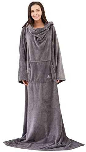 Recalma Coperta in pile con maniche, 150 x 200 cm, in morbido pile grigio chiaro, con pratica tasca a marsupio, coperta con cappuccio