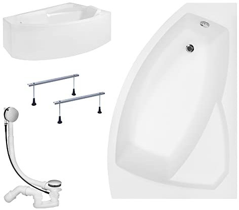 KOLMAN Badewanne RIMA Eckbadewanne 160x100 Rechts mit AcrylSchürze, Ablaufgarnitur und Füßen Komplettset 4in1 Premium Original Acryl Wanne Siphon