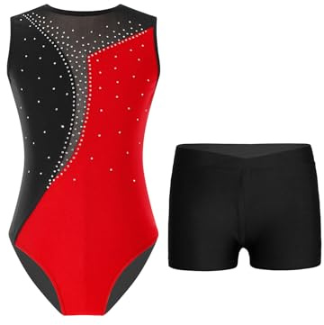 TTAO Kinder Mädchen Ärmellos Gymnastikanzug mit Strassstein Training Leotard mit Shorts Turn Set Gymnastik Training Dancewear Gymnastikbody