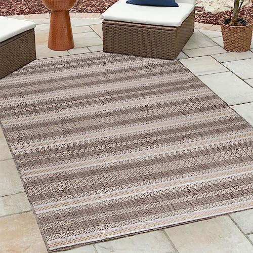 HomebyHome Outdoor Teppich Wetterfest 120x170 cm Sisal Optik Streifen Design Rechteckig Beige - Balkon Teppich Wasserfest Küchenteppich - Für Garten, Terasse, Camping, Außenbereich Teppich