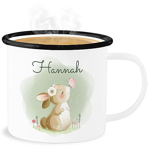 Emaille Becher Blechbecher - Süßer Hase mit Name personalisiert I Hasen Geschenk Bunny I Rabbit I Kaninchen - 300 ml - Weiß Schwarz - hasenbecher hasentasse hasenmotiv ostern tassen ostertasse