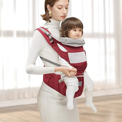 6-in-1 Babytrage für Neugeborene ab Geburt, Ergonomische Babytrage, Hüftsitz Baby, Atmungsaktive und Weicher, für Babys und Kinder von (Rot/Hellgrün) (Rot)