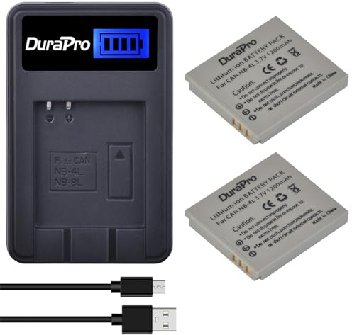 DuraPro Lot de 2 Batteries NB-4L + Chargeur USB LCD pour Canon IXUS 30, 40, 50, 55, 60, 65, 70, 75, 80 is, 82 is, 100 is, 110 is, 115 HS, 120 is, 130, 220 HS, 230 HS, 255 HS, I Zoom, ii7, i7 Zoom