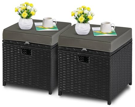 YIYAN 2-Stücke Patio Ottoman Set Outdoor Rattan Wicker Ottoman Sitz mit abnehmbaren Kissen Patio Möbel Fußhocker Fußstütze Sitz Grey