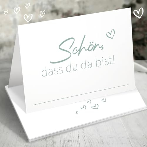 50 Tischkarten Hochzeit 85x55mm - Platzkarten Hochzeit - Tischkarten Geburtstag - Schön, DASS du da bist Namenskarten zum selber Beschriften mit Herz, Elegante Hochzeitsdeko Tischdeko Grün