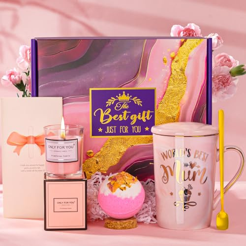 Biching Mum Birthday Gifts, World's Best Mum Pamper Hamper Mug Gifts Set | 14oz Ceramic Mug with Gold Print, Scented Candle, bath ball, Self Care Gifts Hamper Basket for Mum, Christmas Birthday Gifts