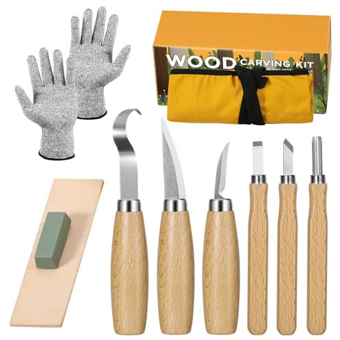 Strumenti Per Intaglio Del Legno, Kit Intaglio Legno 10 in 1, include 6 Coltelli da Intaglio, Guanti Resistenti al Taglio, Accessori per lucidatura, Borsa di Tela, per Adulti, Bambini, Principianti