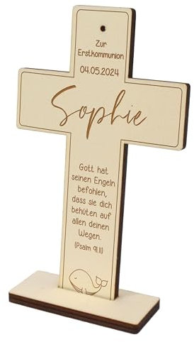 Feenstaub Erstkommunion Kreuz, personalisiertes Holzkreuz zur Kommunion, Konfirmation, Firmung, Kommunionkreuze mit Namen, graviertes Pappelholz, Kinderkreuz mit Spruch, Kommunionsgeschenke
