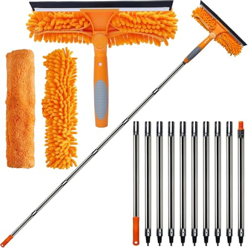 20+ Feet High Reach 2 in 1 Window Washing Squeegee & Duster with 3-12 ft Spliceable Extension Pole // Window Cleaning Kit with 3 Replace Pad for Home Indoor Outdoor Window Washing (Orange)