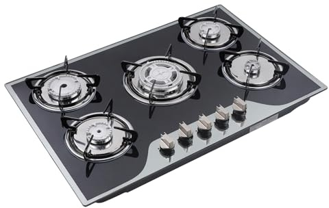 5 Burners Gas Hob Built-in Gas Stove LPG/NG Convertible, 5 Ring Tempered Glass Gas Cooker with Pan Support, Kitchen Stoves Cooker Gas Burners Units