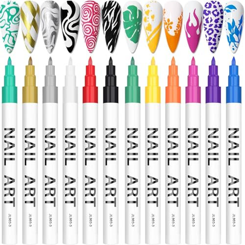 12 Color 3D Nail Art Pens Set, Nail Point Graffiti Dotting Pen Drawing Painting Liner Brush, Acrylic Paint Pens DIY Nail Art Beauty Adorn Manicure Tools Gift for Halloween Christmas Thanksgiving