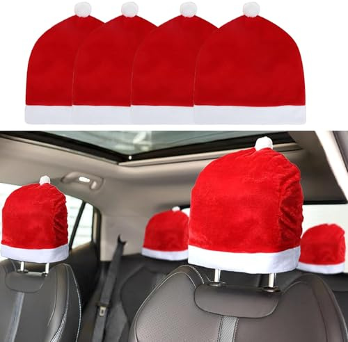 Mcvcoyh 4-Stücke Santa Hut Auto Kopfstütze Abdeckung Weihnachten Auto Dekoration Santa Hut Weihnachten Kopfstütze Abdeckung Dekorationen Festival