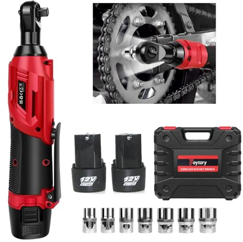 DayPlus Juego de llaves de carraca eléctricas inalámbricas con 2 baterías de 1,5 Ah, 12 V, llave eléctrica de 3/8 pulgadas, llave angular de 90°, 7 enchufes, color rojo