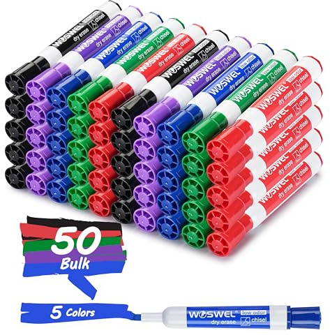 WOSWEL Dry Erase Markers, Chisel Tip Whiteboard Markers, Low Odor Thick Dry Markers, 50 Bulk 5 Assorted Colors (Black/Blue/Red/Green/Purple) for Teachers, Classroom, Office & Home Use
