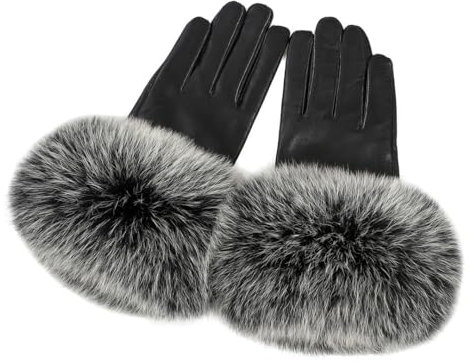 Damen-Handschuhe aus echtem Lammfell mit Manschette, Winter, warm, mit Fleece gefüttert, Schwarz, Frost, Größe L