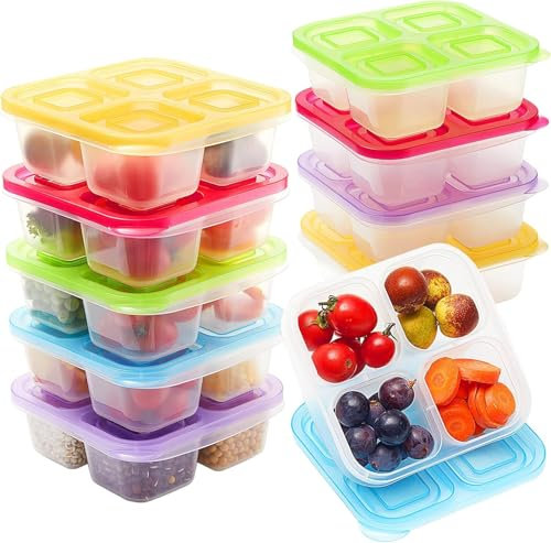 LATERN 10 Pezzi Scatola per Snack Bento, 16CM x 16CM Contenitori per Conservazione Alimenti Impilabili a 4 Scomparti Scatola per Preparazione dei Pasti a Prova di Perdite per Scuola Lavoro Viaggio