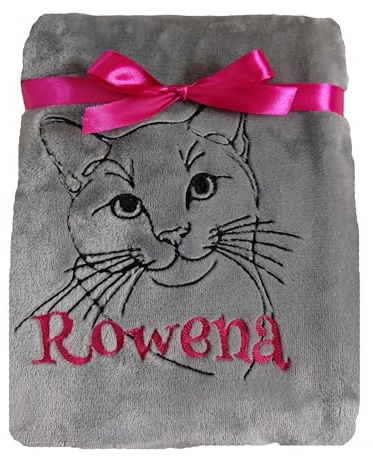 Wuff-Dogsworld Katzendecke mit Portrait Rasse und Namen Bestickt Geschenk Katzenbesitzer Kittendecke Decke Katze Kitten Auto Haustier Kuscheldecke 100x75cm waschbar Sofa cat Blanket Kater