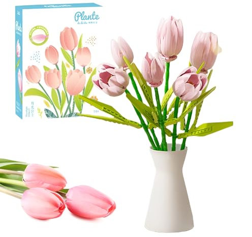 Fuleying Bouquet de construction - Tulipe - Blocs de construction botaniques - Fleurs artificielles pour la décoration de la maison, du bureau - Idée cadeau pour adultes et femmes (rose)