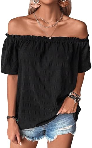 GORGLITTER Women's Off Shoulder Frill Trim Blouse Shirt Short Sleeve Tunic Tops Vacation T Shirt Plain Black X-Large