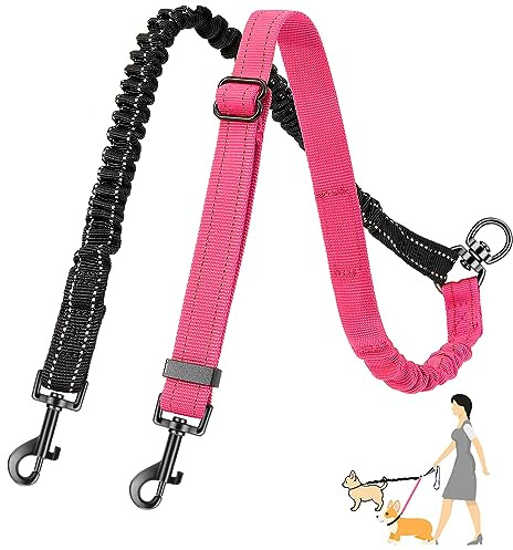 Eyein Doppelte Hundeleine, Verhedderungsfreie 360° drehbare Doppelleinen mit 2 Hunden, Verstellbare reflektierende Splitterleine für kleine Hunde, Rosa