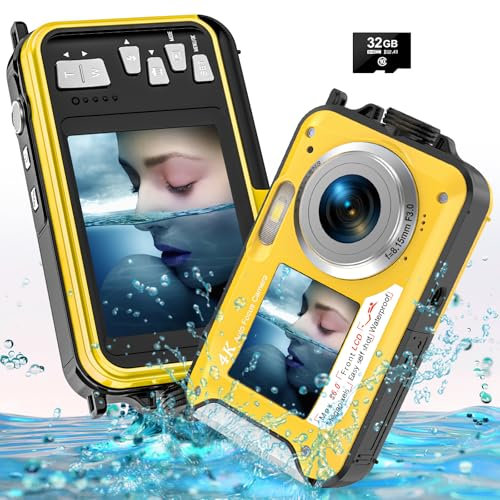Digitalkamera, YISENCE Unterwasserkamera UHD 4K 56MP Autofocus Digitalkamera wasserdichte mit Einer 32GB Karte Selfie Doppelte Bildschirme wasserdichte Kamera zum Schnorcheln